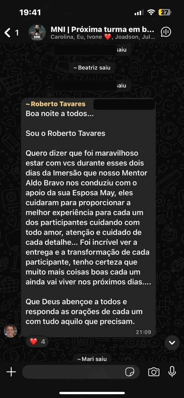 Depoimento real de participante do MNI (WhatsApp)